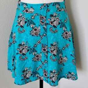 Aqua Blue Floral Faux Button Front Mini Skater Skirt